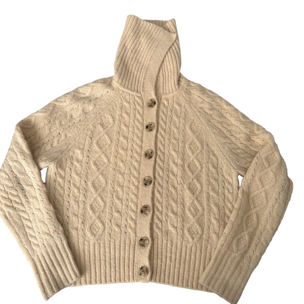 J.Crew Womens Cable Knit Wool Blend Cardigan Sweater Cream Beige Funnel Neck XS